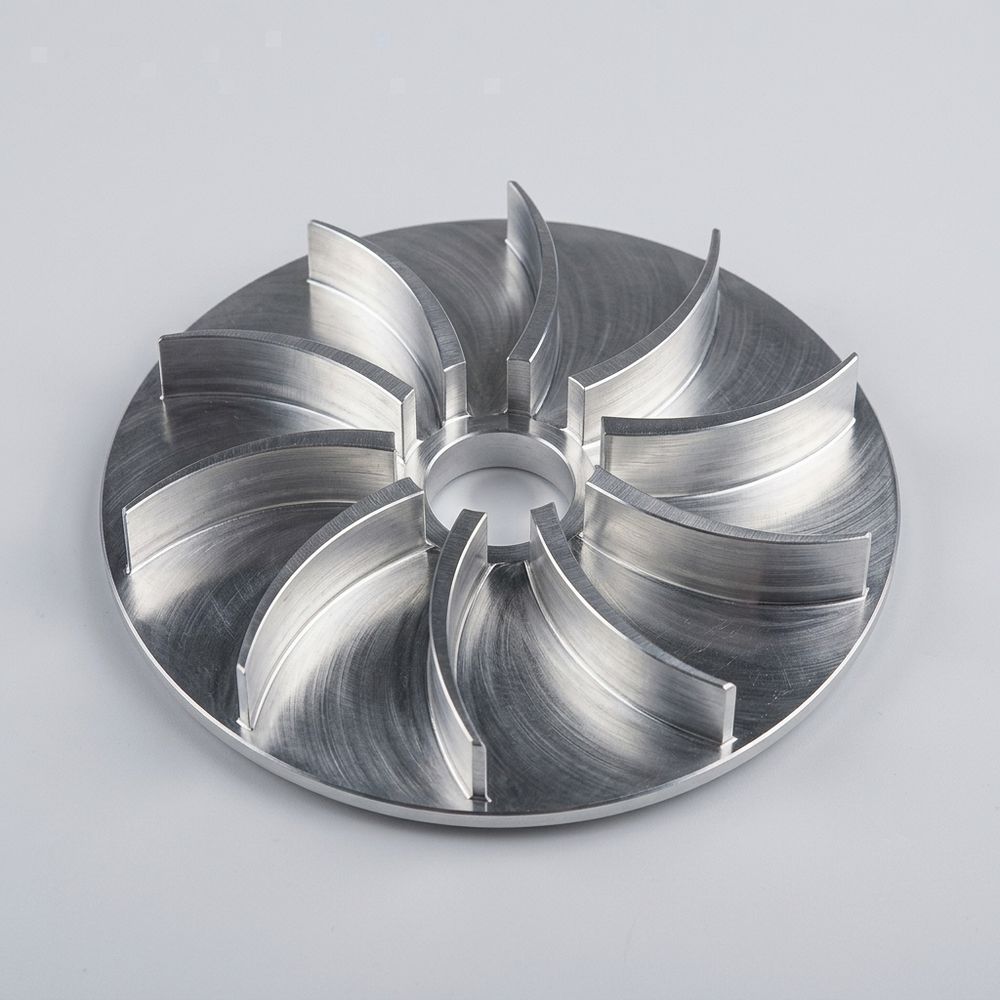 CNC machined aluminum impeller with curved blades